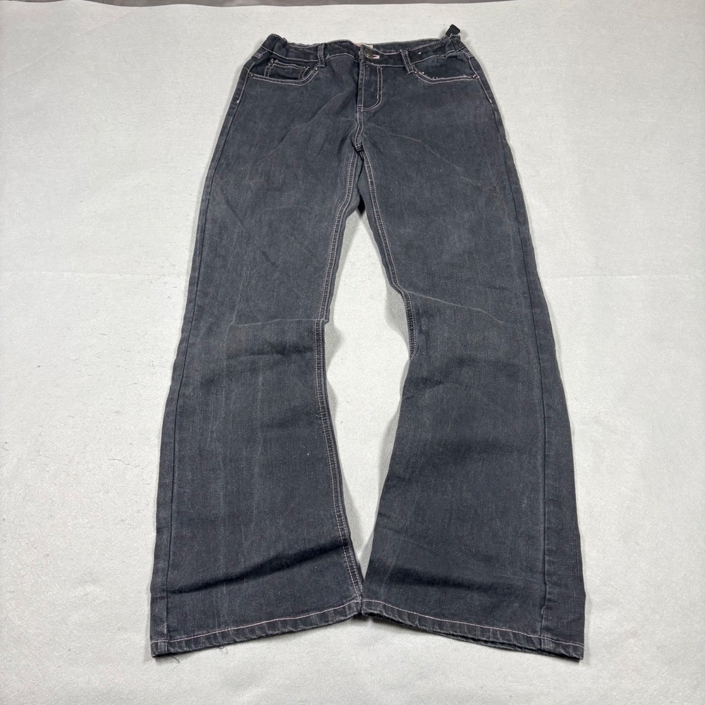 Faded Glory Women Charcoal Gray Pink Stitch Flare Stretch Jeans Adjustable Waist